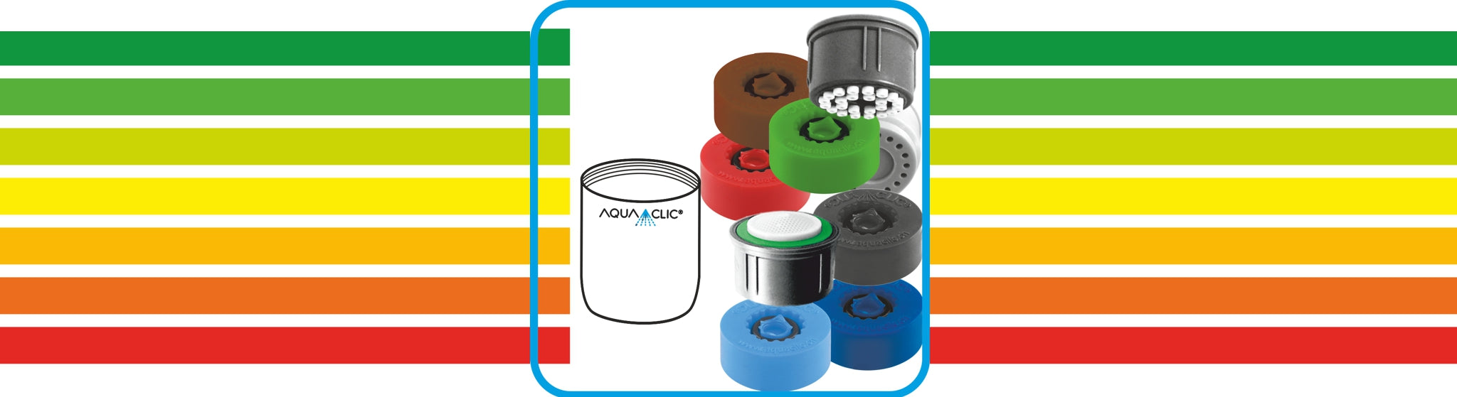 AquaClic-Strahlregler-Zeichnung und verschiedene Strahlregler-Innenteile dazu