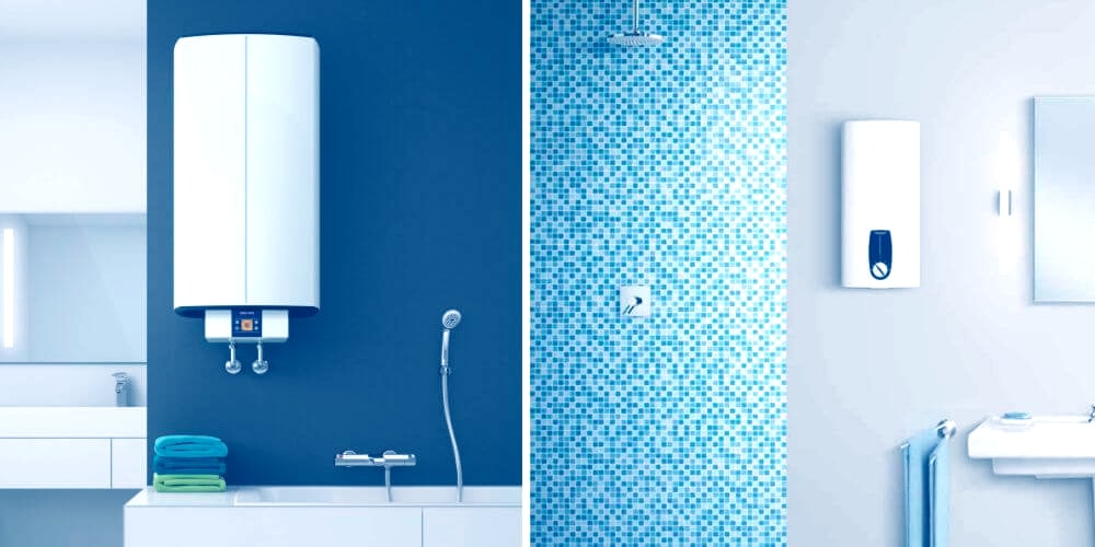 Links ein Durchlauferhitzer, rechts ein druckloses Heisswassergerät in blauen Badezimmern.