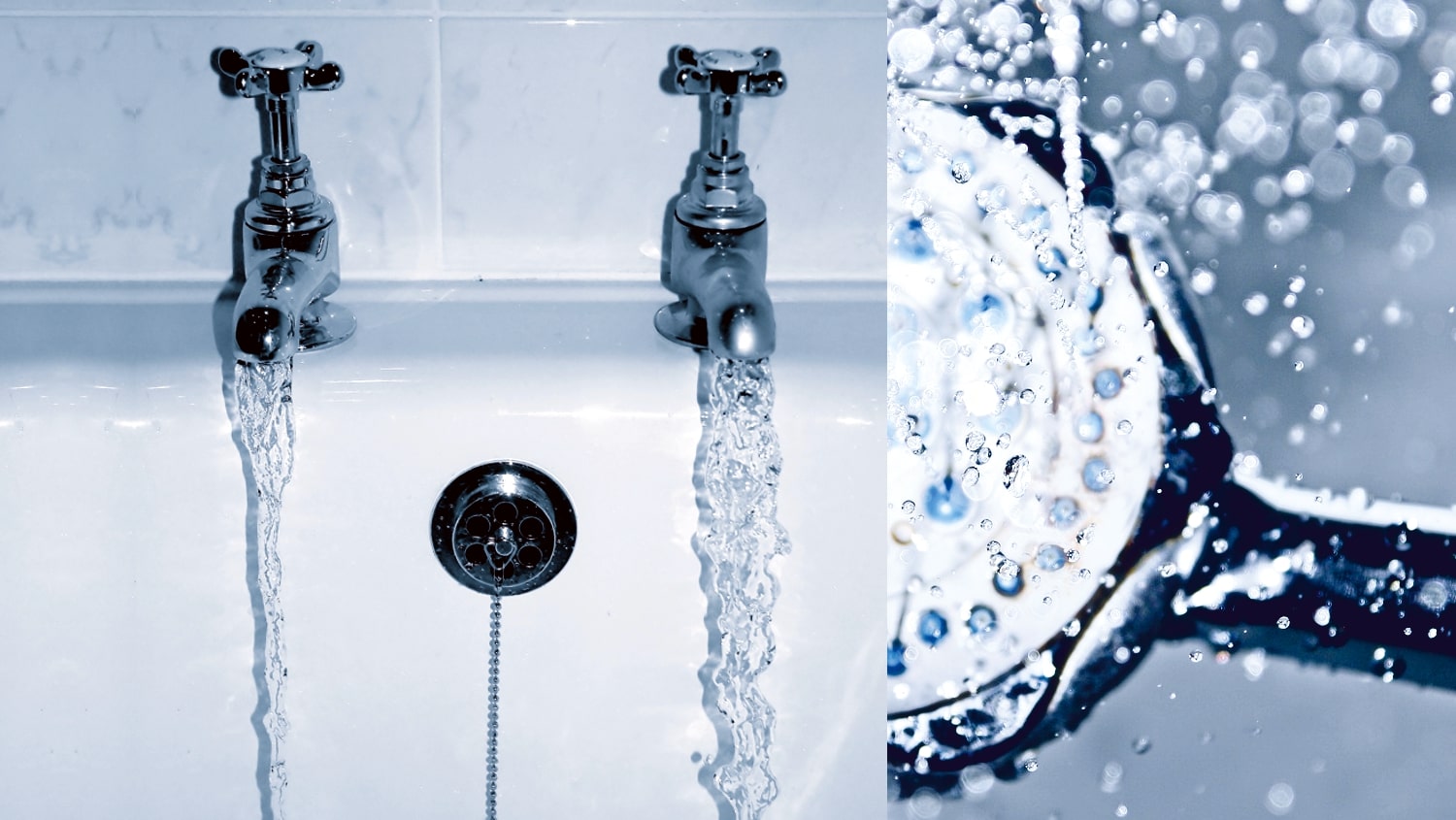 Zwei Wasserhähne und eine Dusche als Symbol fürs Spülen von Leitungen
