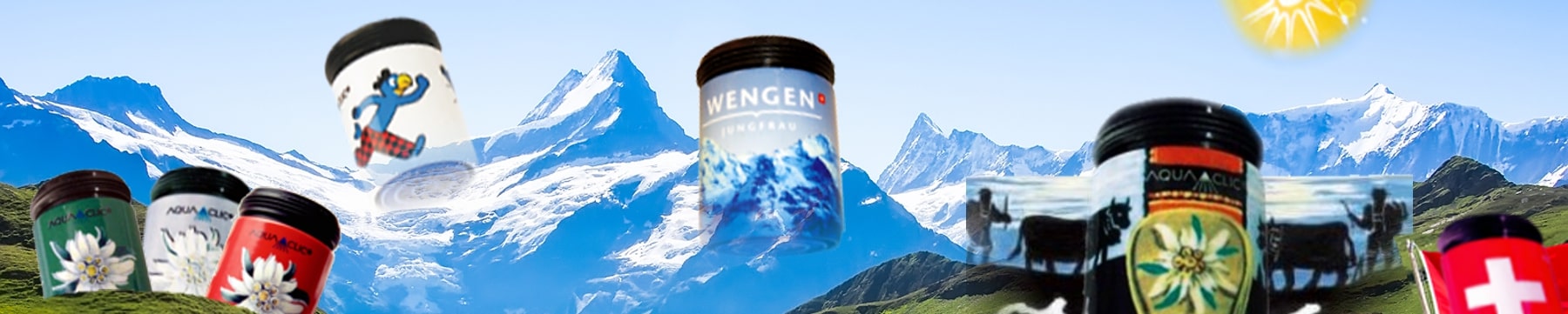 Schweizer Berge und bunte AquaClic-Strahlregler, z.B. Wenge
