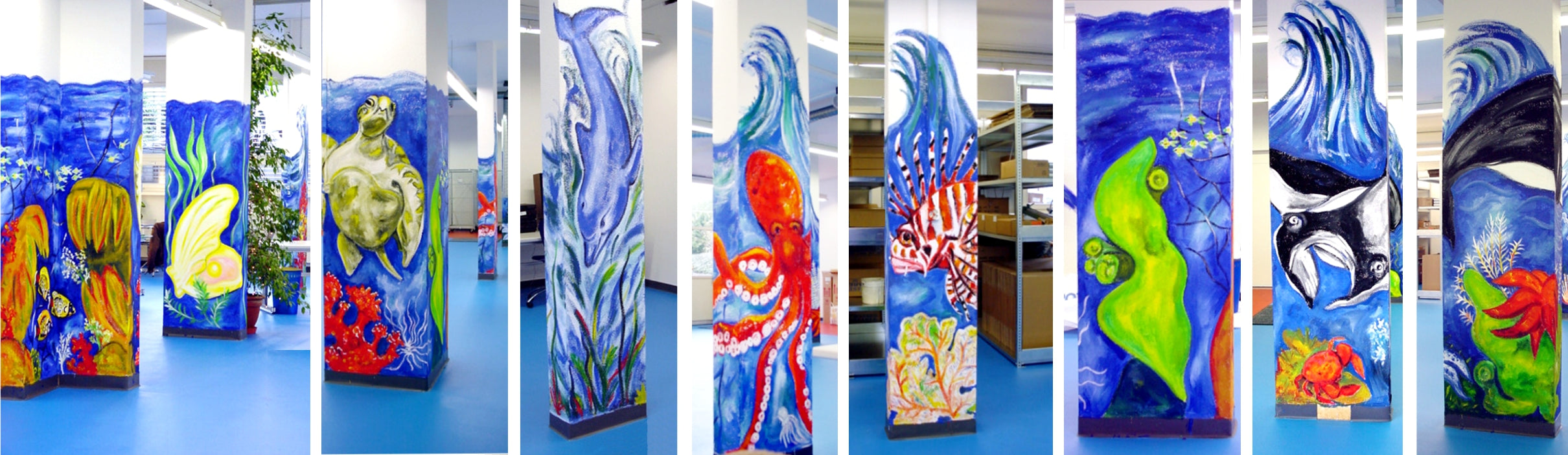 AquaClic-Aquarium in Zürich-Oerlikon mit künstlerisch gestalteten Säulen