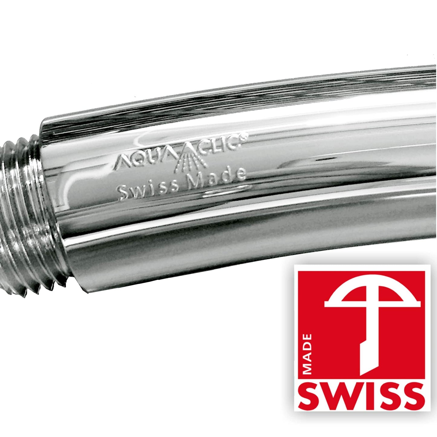 Duschkopf-Griff SwissClima mit Gravur Swiss Made, AquaClic, sowie Armbrustzeichen rot des Labels SwissMade