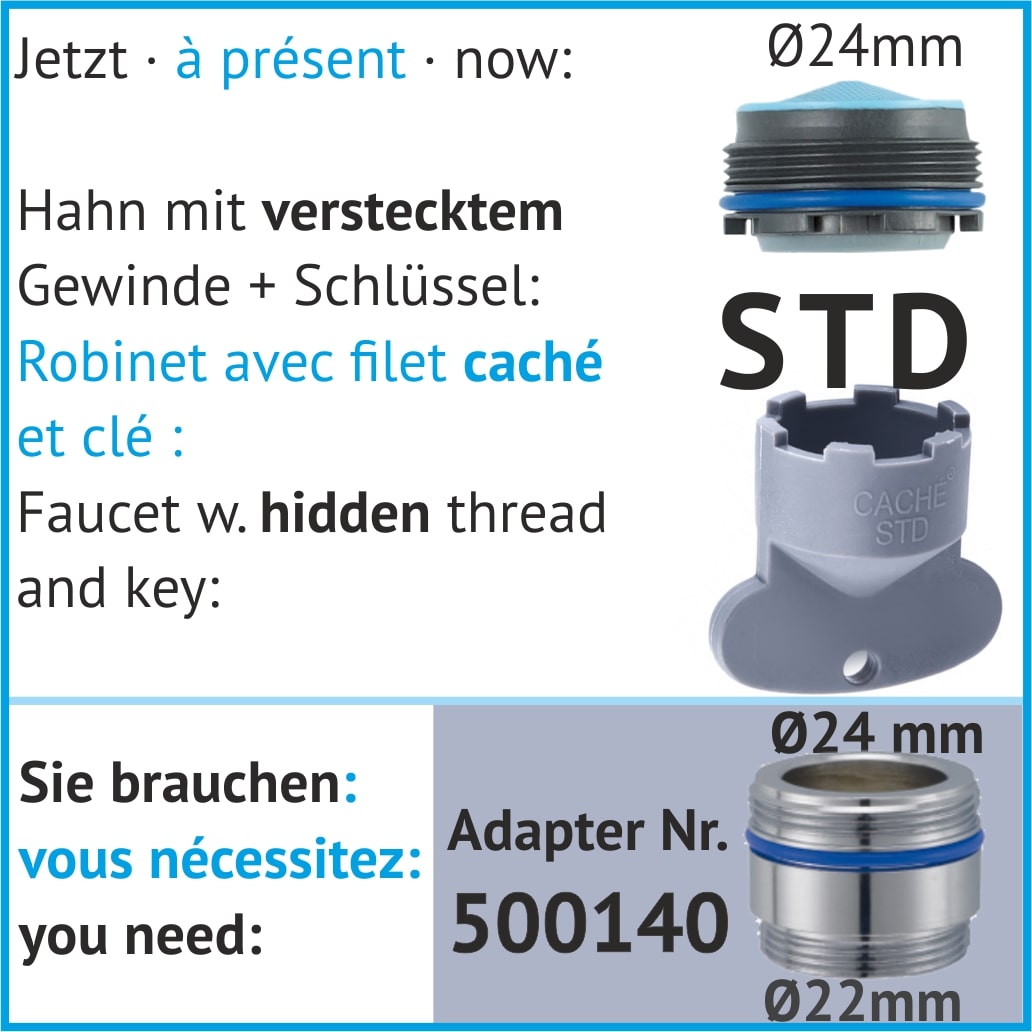 Spezialadapter für Hahn mit verstecktem Fein-Gewinde und Schlüssel, 24 mm Durchmesser, 500140 STD