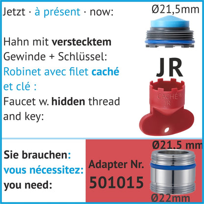 Spezialadapter für Hahn mit verstecktem Fein-Gewinde und Schlüssel, meist rot, 21,5 mm, Nr. 501015