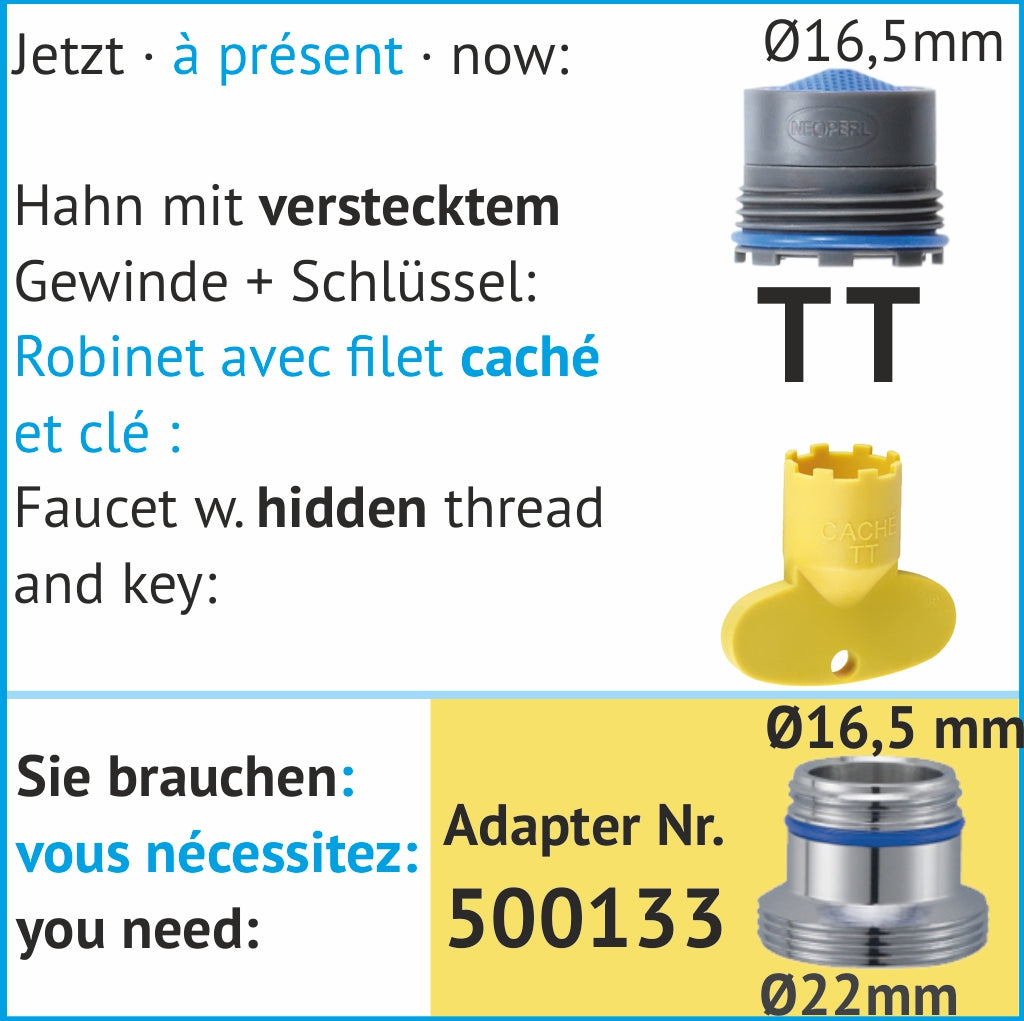 Spezialadapter für Hahn mit verstecktem Fein-Gewinde und Schlüssel, oft gelb, Durchmesser 16,5 mm, Nr. 500133, TT