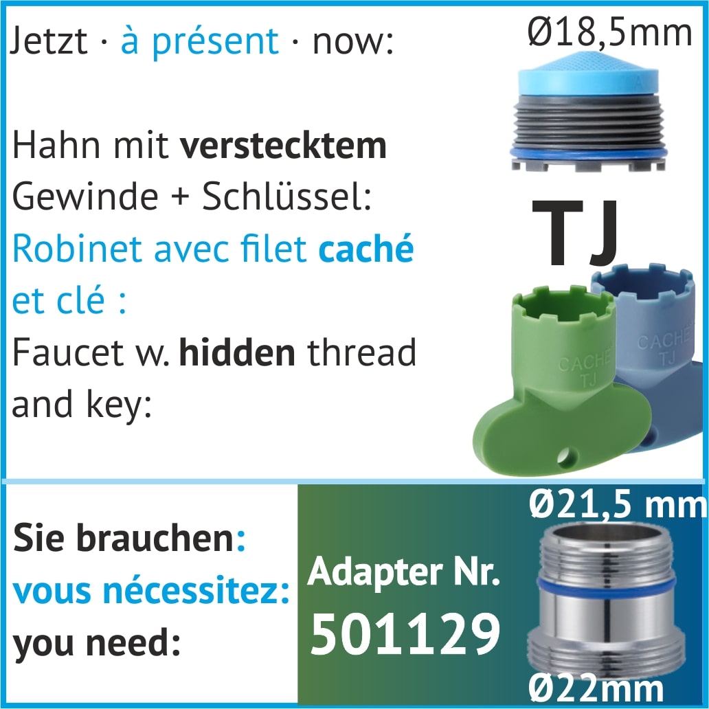 Spezialadapter für Hahn mit verstecktem Fein-Gewinde und Schlüssel, grün oder blau, Durchmesser 18,5 mm, Nr. 501129, TJ