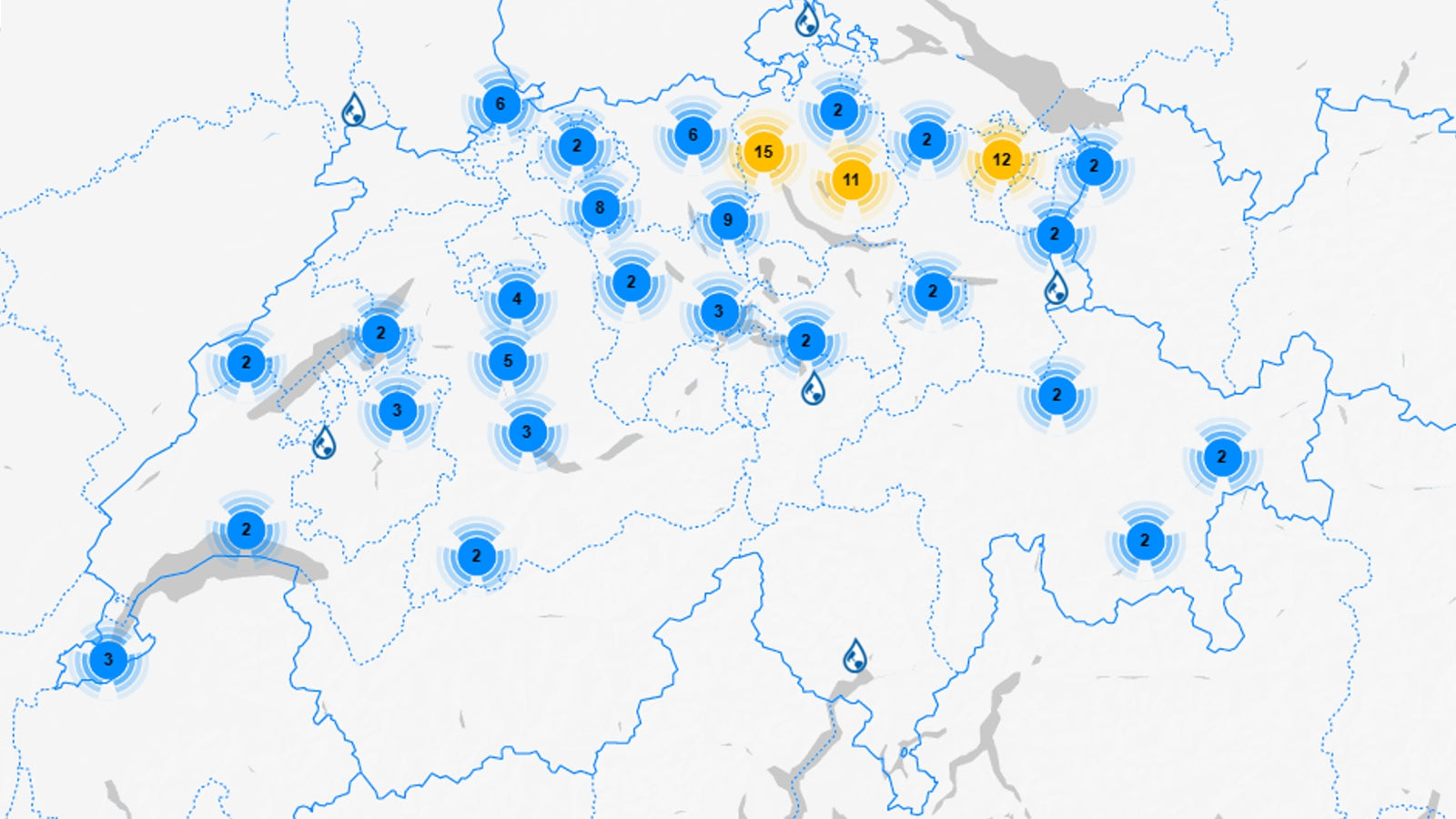 Karte der Schweiz mit einigen der schon energieeffizient umgerüsteten Dusch-Anlagen