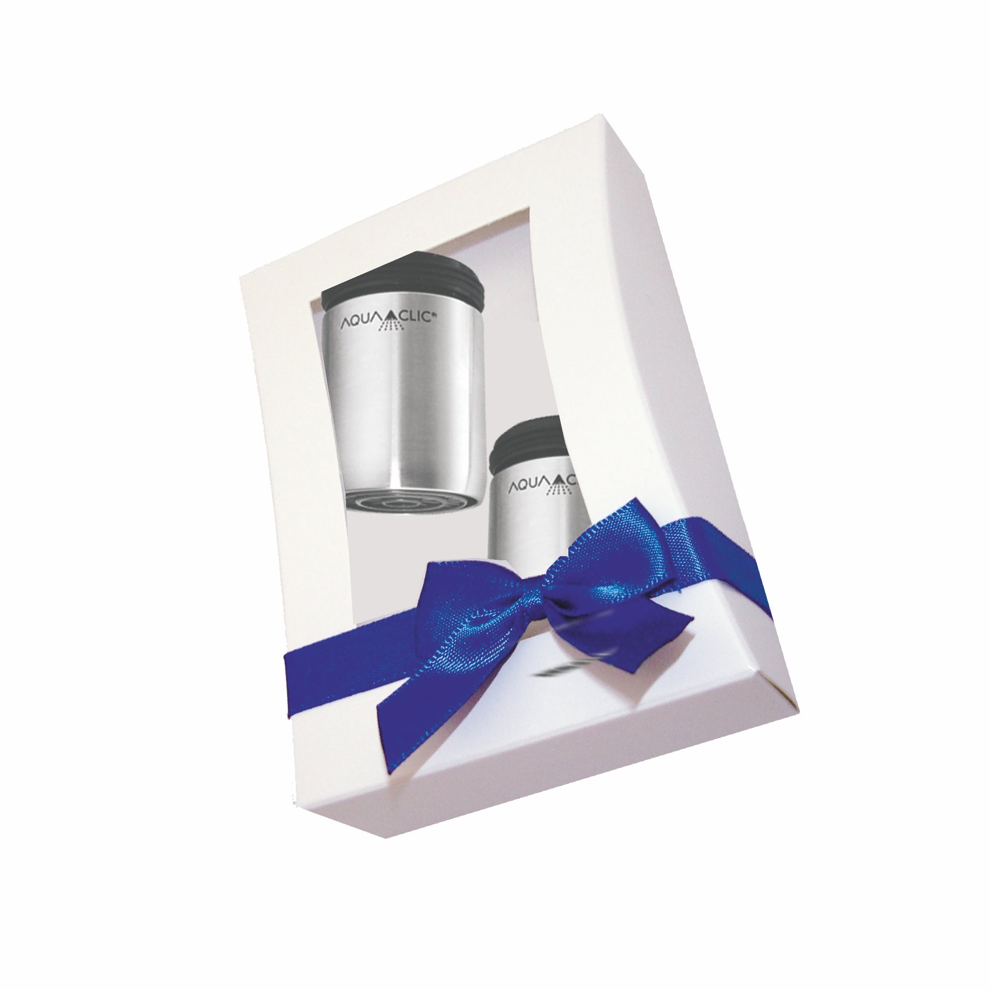 Geschenkbox in weissem, neutralen Karton mit Sichtfenster und blauer Satin-Masche für 1-3 AquaClics