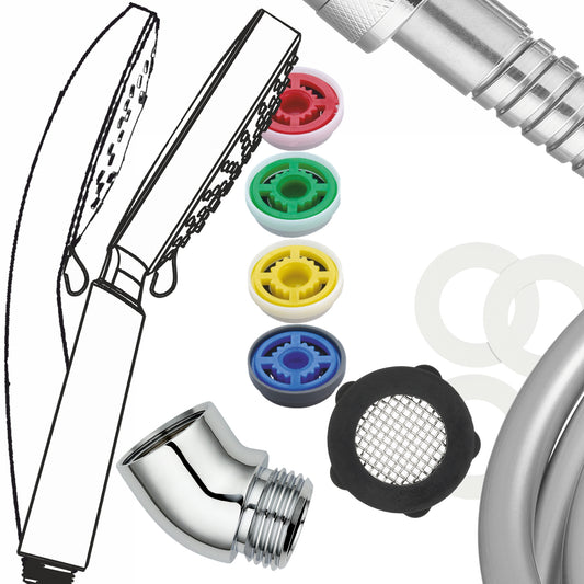 Accessoires pour douches multijets : Equerre de douche. Joint, régulateur, flexible, grandes têtes de douche AquaClic