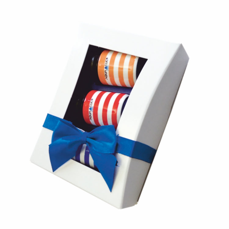 Geschenkbox in weissem, neutralen Karton mit Sichtfenster und blauer Satin-Masche für 1-3 AquaClics